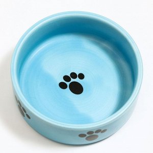 Миска для кошек «Лапки», керамическая, матовая, синяя, 10,5 х 4 см, 330 мл