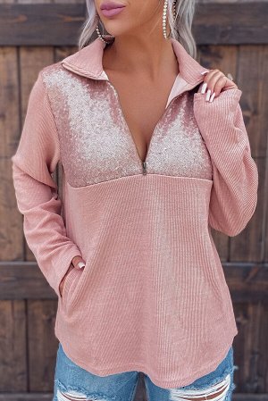 Розовый пуловер-свитшот с воротником на молнии и пайетками