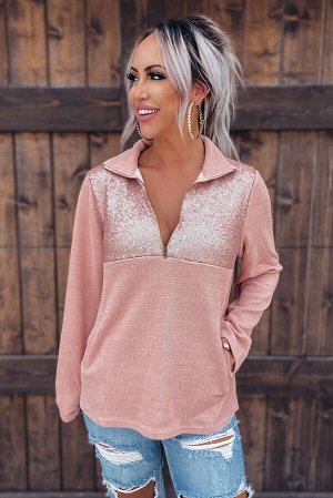 Розовый пуловер-свитшот с воротником на молнии и пайетками