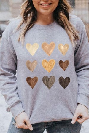 Серый свитшот с разноцветным принтом сердечки