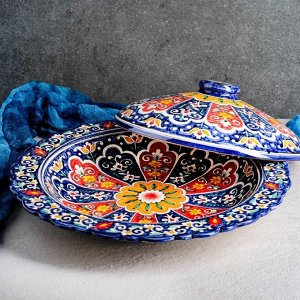 Блинница Риштанская Керамика "Цветы", 37 см, синий