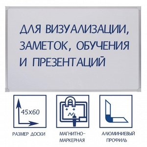 Доска магнитно-маркерная 45x60 см, Calligrata СТАНДАРТ, в алюминиевой рамке, с полочкой