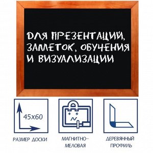 Доска магнитно-меловая 45х60 см, ЧЕРНАЯ, Calligrata, в деревянной рамке (морилка темная)