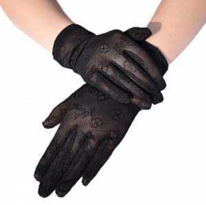 Перчатки чёрные короткие сетчатые с цветочным орнаментом "Клевер"