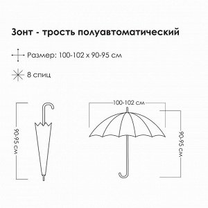 Зонт - трость полуавтоматический, ветроустойчивый, «Вивьен», 8 спиц, R = 52 см, цвет МИКС