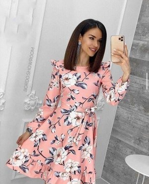 Платье Женское 7507 "Крупные Цветы - Рукав" Розовое