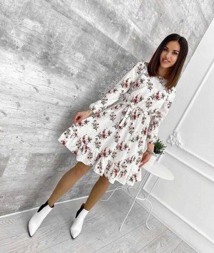 Платье Женское 7507 "Крупные Цветы - Рукав" Белое