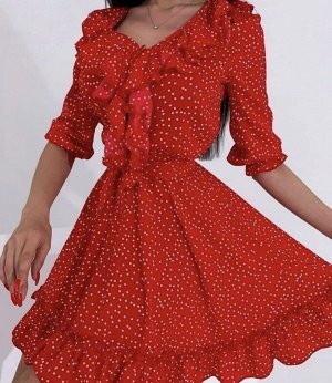 Платье 6006 "Мелкий Горошек - Валаны Рюши" Красное