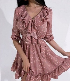 Платье 6006 "Мелкий Горошек - Валаны Рюши" Розовое