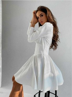 Платье 9009 "Однотон - Пояс Пуговицы" Белое