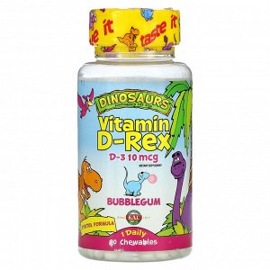 KAL, Dinosaurs, Vitamin D-Rex, витамин D3, со вкусом жевательной резинки, 90 жевательных таблеток