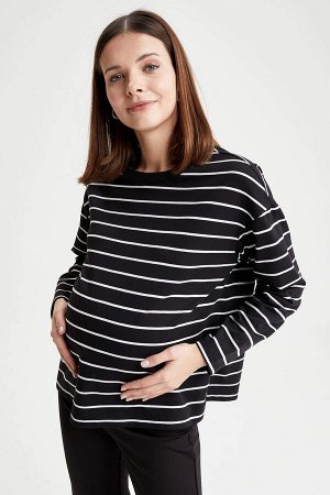 Полосатый топ для беременных свободного кроя с круглым вырезом и длинными рукавами