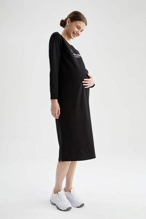 Платье миди для беременных с длинными рукавами и длинными рукавами с круглым вырезом и принтом стандартной посадки