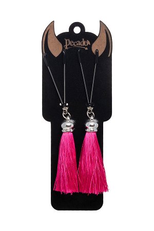 Зажимы на соски «вилки» с кисточками из шелка Pecado BDSM, металл, бордовый
