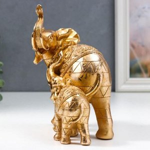 Сувенир полистоун &quot;Слон со слонёнком с розами на попоне&quot; золотой 19,5х10х19 см