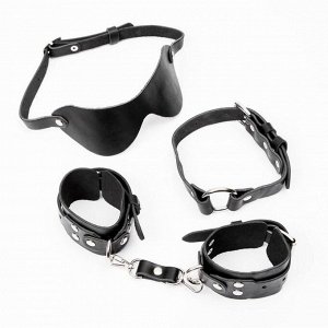 Эротический набор из натуральной кожи "Госпожа": маска, наручники, чокер с кольцом