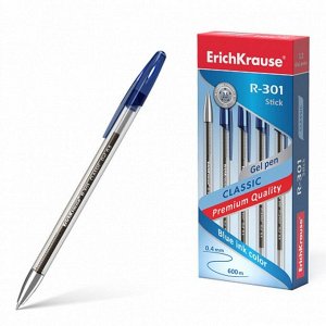 Ручка гелевая ErichKrause R-301 Classic Gel Stick, узел 0.5 мм, чернила синие, длина линии письма 60