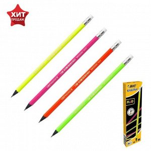 Карандаш чернографитный HB, BIC Evolution Fluo, c ластиком, неоновые цвета корпуса, микс