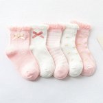 Набор носков для девочки (5 пар), с рющами и бантиками, цвет белый/розовый