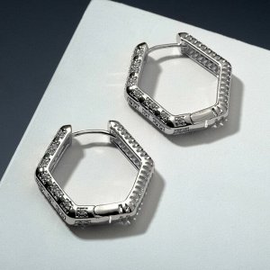 Серьги-кольца "Мини" шестиугольник, цвет белый в серебре