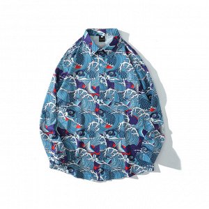 Рубашка унисекс, модель oversize, принт "Морские волны", цвет синий