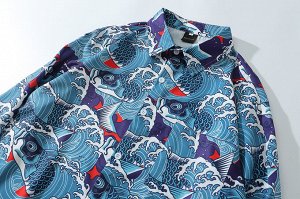 Рубашка унисекс, модель oversize, принт "Морские волны", цвет синий