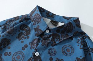 Рубашка унисекс, модель oversize, принт "Черепа и узоры", цвет синий