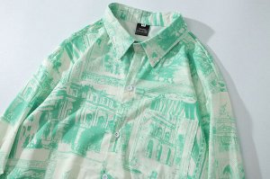 Рубашка унисекс, модель oversize, принт "Город", цвет зеленый