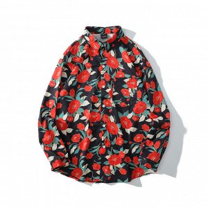 Рубашка унисекс, модель oversize, принт "Красные цветы"