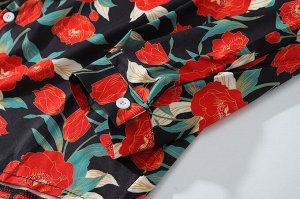 Рубашка унисекс, модель oversize, принт "Красные цветы"