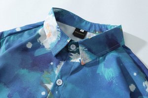 Рубашка унисекс, модель oversize, принт "Лотосы", цвет синий