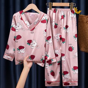 Детская пижама из искусственного шелка (блуза с длинным рукавом + брюки), принт "Заяц с клубникой", цвет розовый