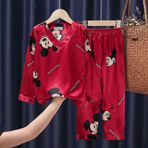 Детская пижама из искусственного шелка (блуза с длинным рукавом + брюки), принт "Микки и Минни", цвет красный