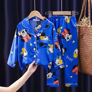 Детская пижама из искусственного шелка (Рубашка на пуговицах + брюки), принт "Мульт", цвет синий