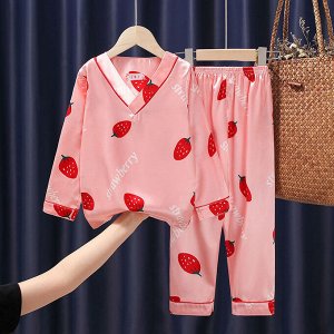 Детская пижама из искусственного шелка (блуза с длинным рукавом + брюки), принт "Клубника", цвет розовый