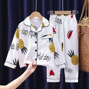 Детская пижама из искусственного шелка (Рубашка на пуговицах + брюки), принт "Ананасы", цвет белый