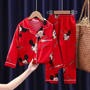 Детская пижама из искусственного шелка (Рубашка на пуговицах + брюки), принт "Микки и Минни", цвет красный