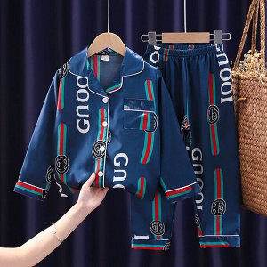 Детская пижама из искусственного шелка (Рубашка на пуговицах + брюки), принт, цвет синий