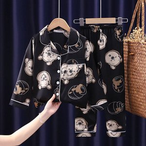 Детская пижама из искусственного шелка (Рубашка на пуговицах + брюки), принт "Винни-Пух", цвет черный