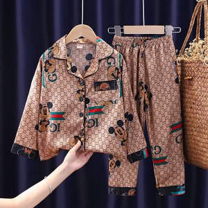 Детская пижама из искусственного шелка (Рубашка на пуговицах + брюки), принт "Микки", цвет светло-коричневый