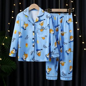 Детская пижама из искусственного шелка (Рубашка на пуговицах + брюки), принт "Дональд", цвет голубой