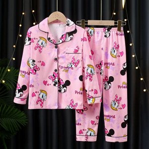 Детская пижама из искусственного шелка (Рубашка на пуговицах + брюки), принт "Минни", цвет розовый