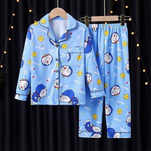 Детская пижама из искусственного шелка (Рубашка на пуговицах + брюки), принт "Дораемон", цвет голубой