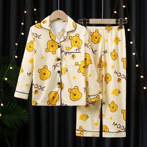 Детская пижама из искусственного шелка (Рубашка на пуговицах + брюки), принт "Винни-Пух", цвет желтый