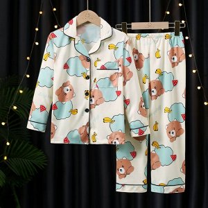 Детская пижама из искусственного шелка (Рубашка на пуговицах + брюки), принт "Медведи в облаках"