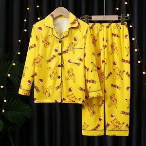 Детская пижама из искусственного шелка (Рубашка на пуговицах + брюки), принт "Пикачу", цвет желтый