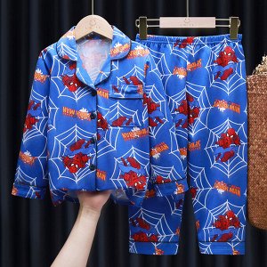 Детская пижама из искусственного шелка (Рубашка на пуговицах + брюки), принт "Человек-Паук", цвет синий