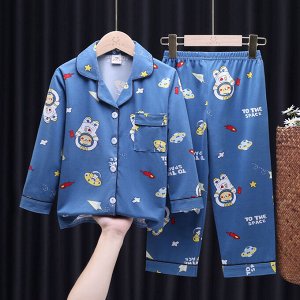 Детская пижама из искусственного шелка (Рубашка на пуговицах + брюки), принт "Медведь в космосе", цвет синий