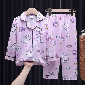 Детская пижама из искусственного шелка (Рубашка на пуговицах + брюки), с принтом, цвет сиреневый