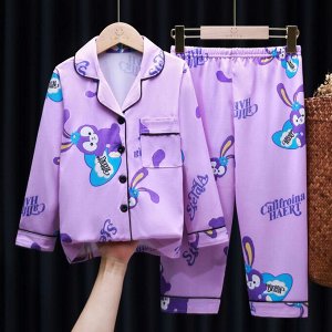 Детская пижама из искусственного шелка (Рубашка на пуговицах + брюки), принт "Заяц", цвет сиреневый